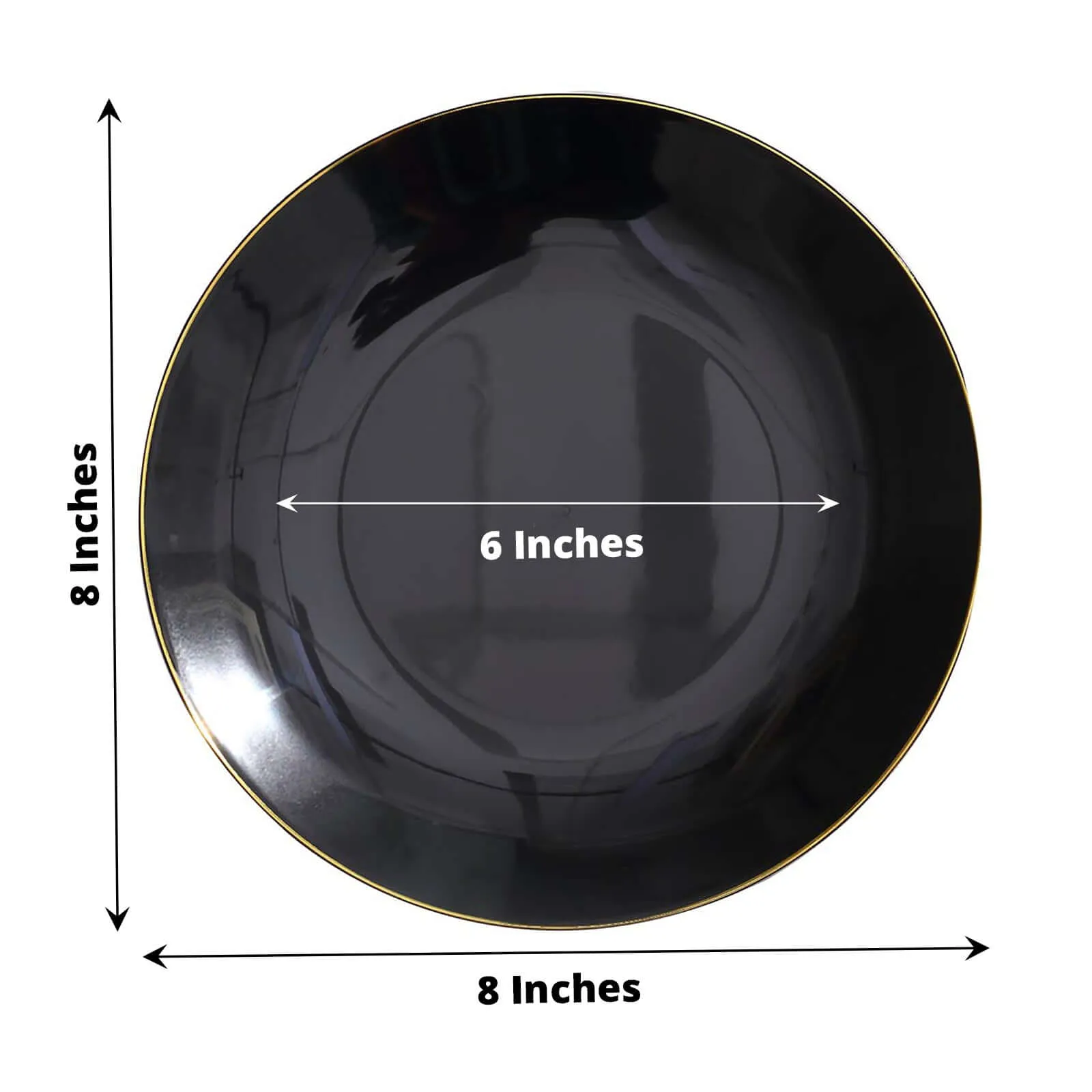 10 Pack 8" Glossy Black Round Plastic Salad Plates With Gold Rim, Disposable Appetizer Dessert Party Plates