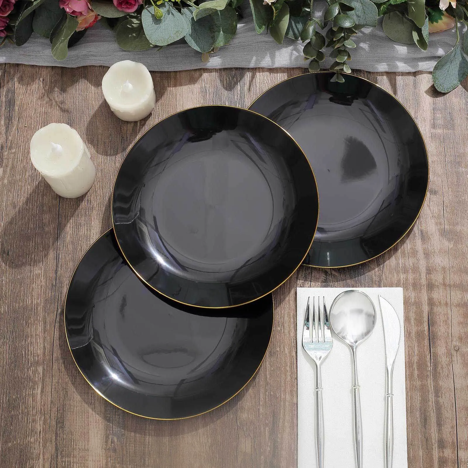 10 Pack 8" Glossy Black Round Plastic Salad Plates With Gold Rim, Disposable Appetizer Dessert Party Plates