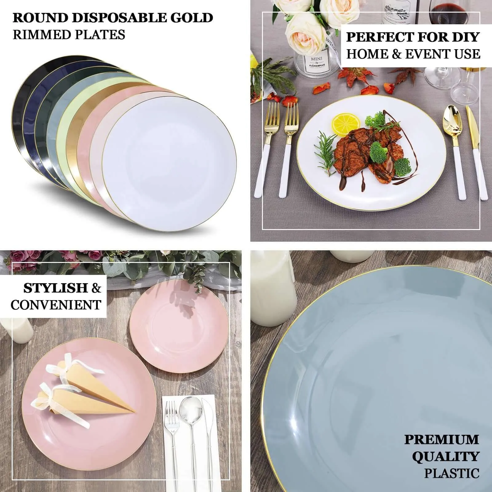 10 Pack 8" Glossy Black Round Plastic Salad Plates With Gold Rim, Disposable Appetizer Dessert Party Plates