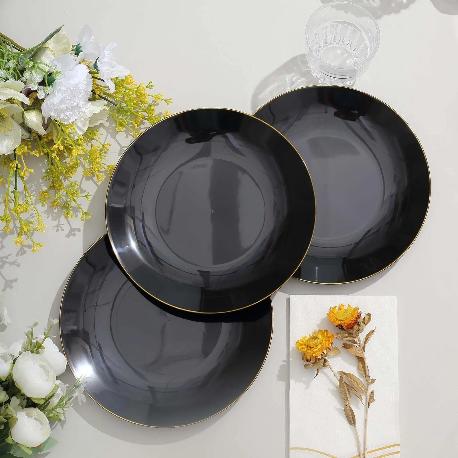 10 Pack 8" Glossy Black Round Plastic Salad Plates With Gold Rim, Disposable Appetizer Dessert Party Plates