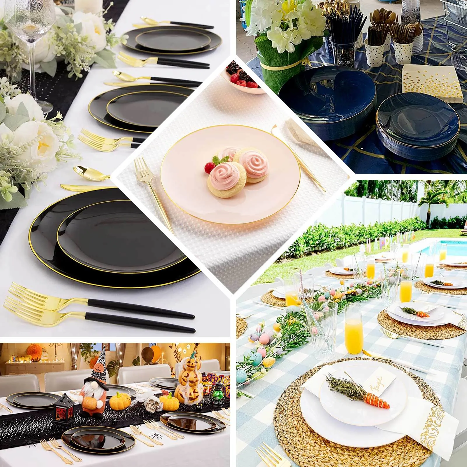 10 Pack 8" Glossy Black Round Plastic Salad Plates With Gold Rim, Disposable Appetizer Dessert Party Plates