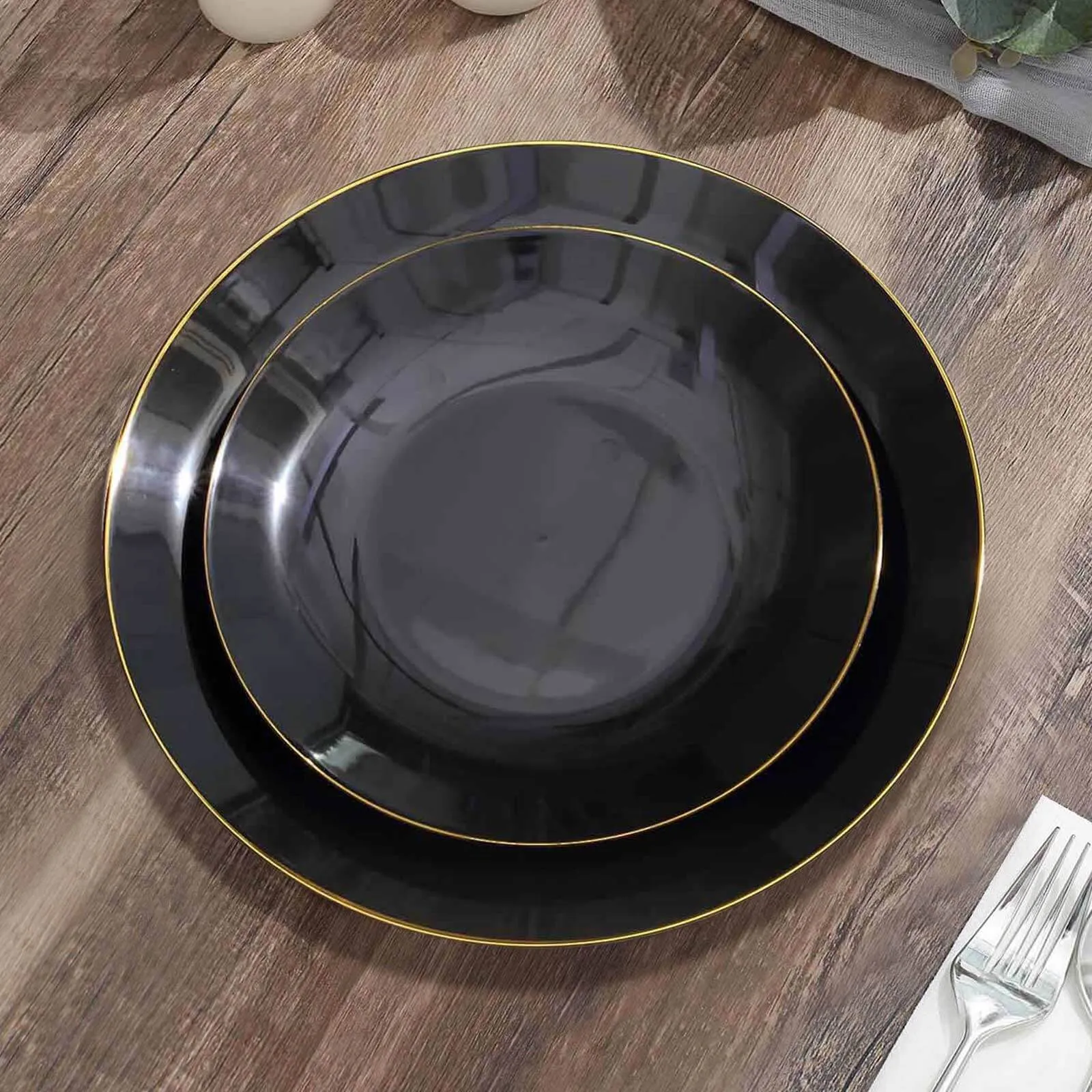 10 Pack 8" Glossy Black Round Plastic Salad Plates With Gold Rim, Disposable Appetizer Dessert Party Plates