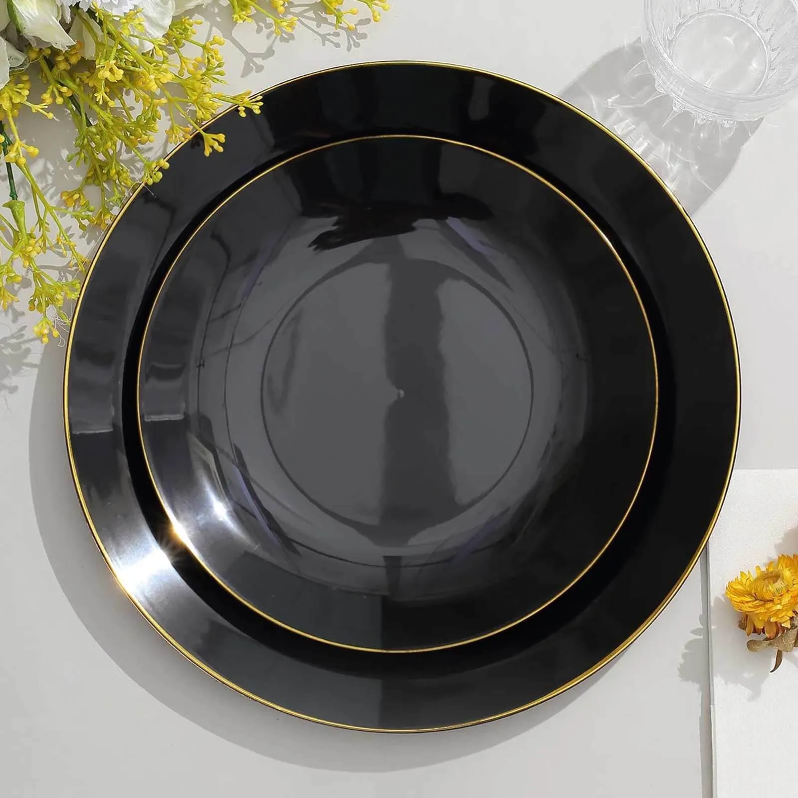 10 Pack 8" Glossy Black Round Plastic Salad Plates With Gold Rim, Disposable Appetizer Dessert Party Plates