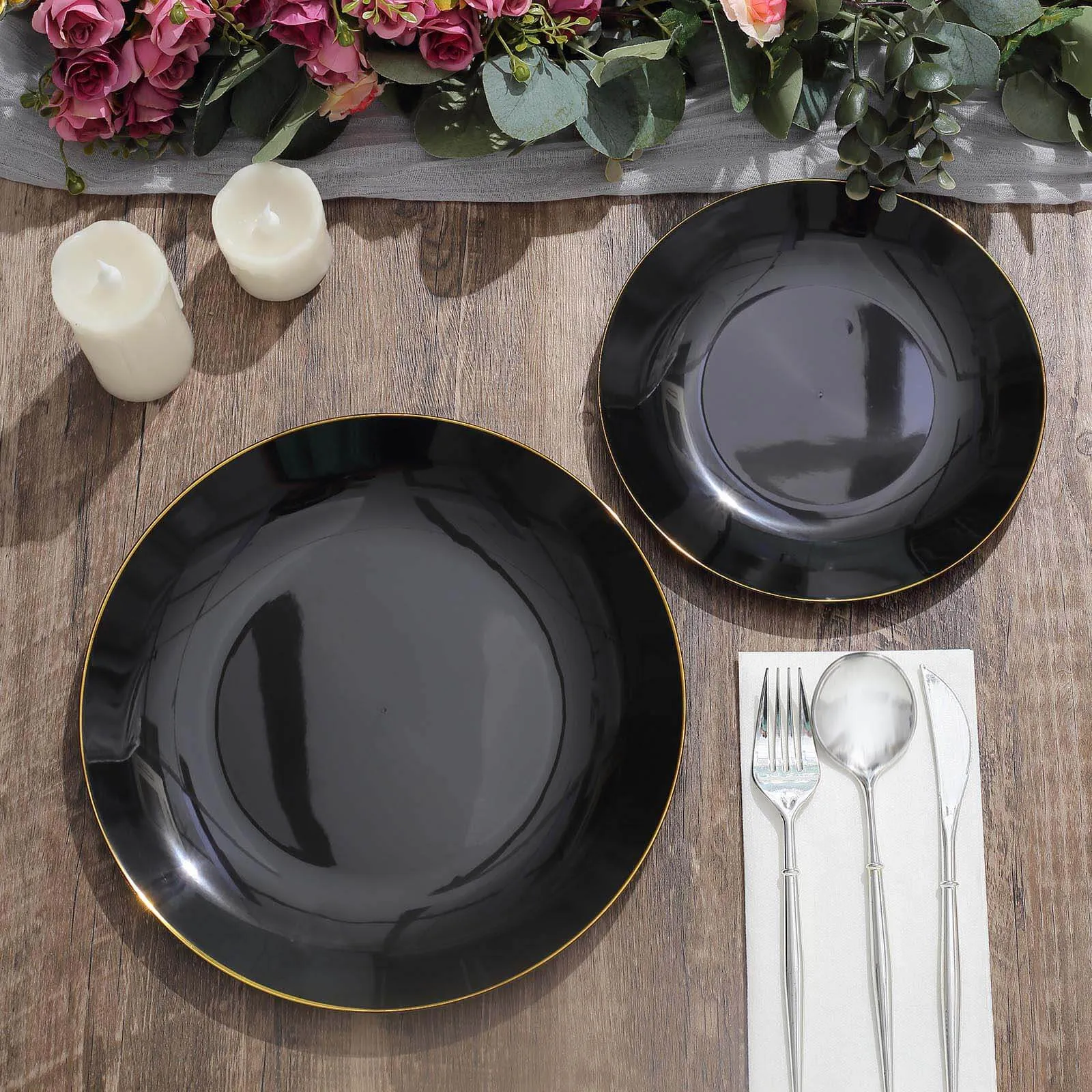 10 Pack 8" Glossy Black Round Plastic Salad Plates With Gold Rim, Disposable Appetizer Dessert Party Plates