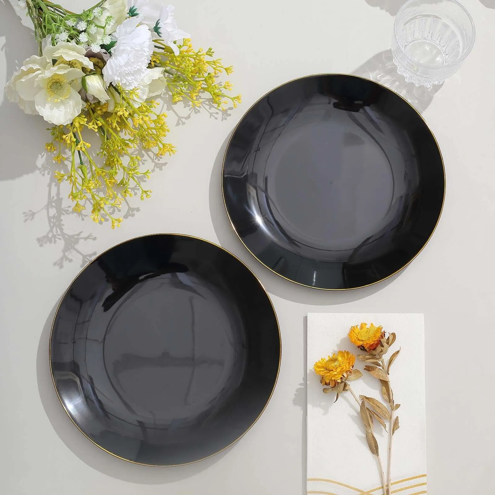 10 Pack 8" Glossy Black Round Plastic Salad Plates With Gold Rim, Disposable Appetizer Dessert Party Plates