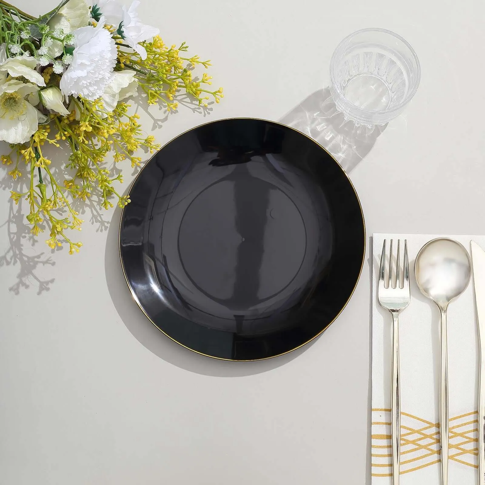 10 Pack 8" Glossy Black Round Plastic Salad Plates With Gold Rim, Disposable Appetizer Dessert Party Plates