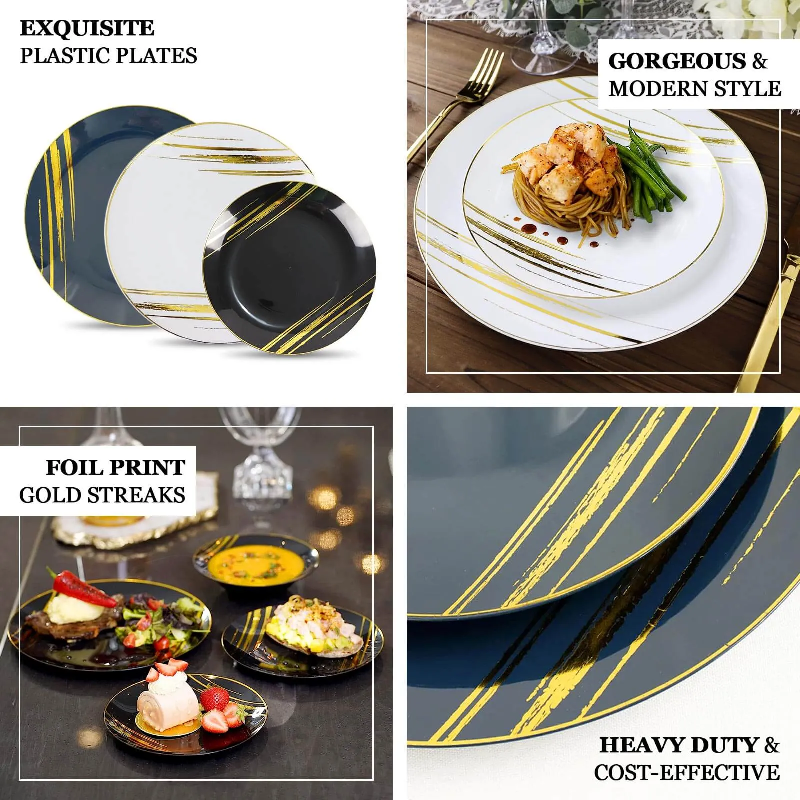 10 Pack Black and Gold Brush Stroked 10" Round Plastic Dinner Plates, Disposable Party Plates Dinnerware