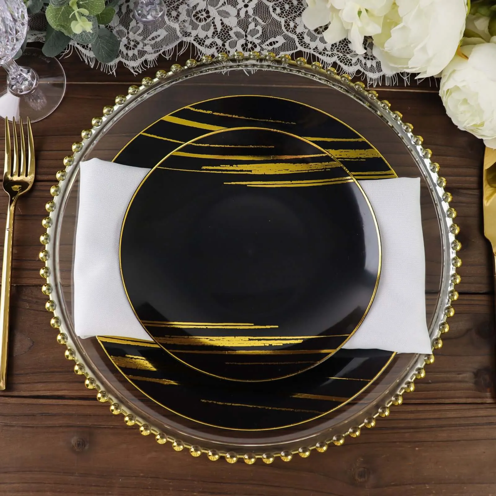 10 Pack Black and Gold Brush Stroked 10" Round Plastic Dinner Plates, Disposable Party Plates Dinnerware