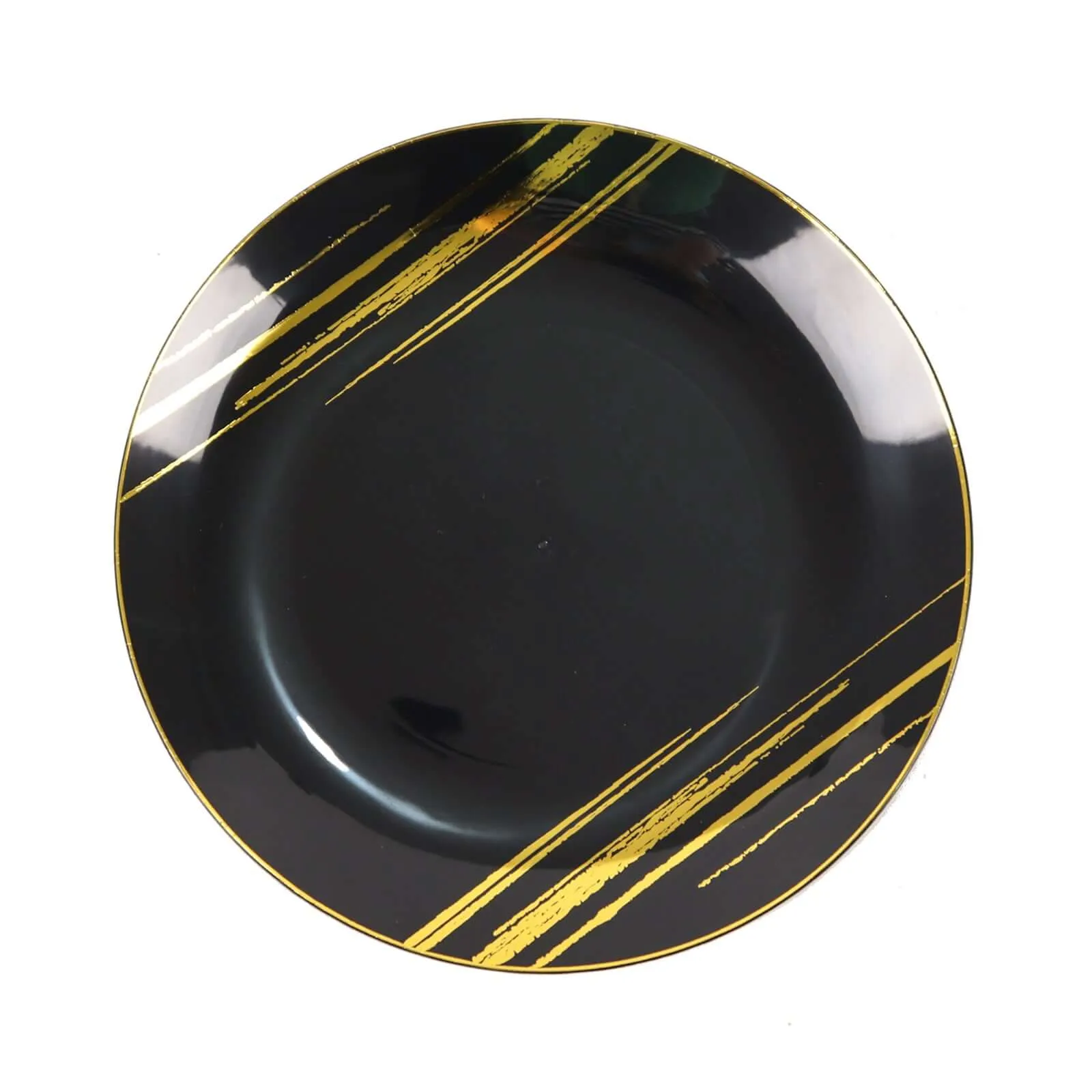 10 Pack Black and Gold Brush Stroked 10" Round Plastic Dinner Plates, Disposable Party Plates Dinnerware