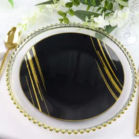 10 Pack Black and Gold Brush Stroked 10" Round Plastic Dinner Plates, Disposable Party Plates Dinnerware