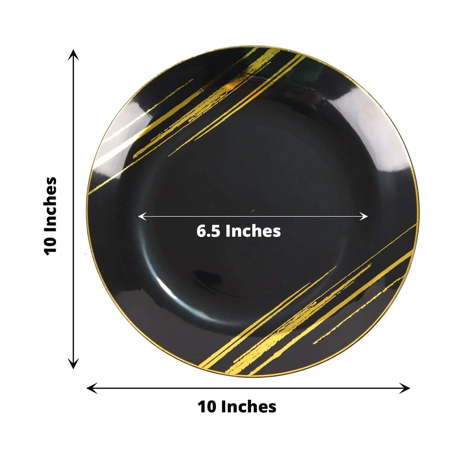 10 Pack Black and Gold Brush Stroked 10" Round Plastic Dinner Plates, Disposable Party Plates Dinnerware