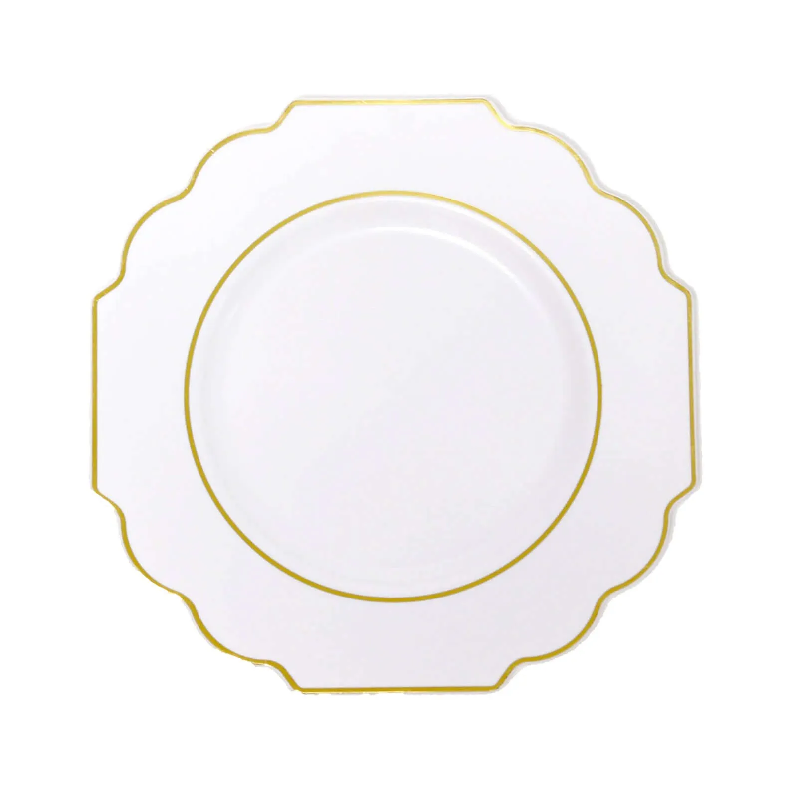 10 Pack White 8" Heavy Duty Plastic Dessert Salad Plates, Disposable Tableware, Baroque with Gold Rim