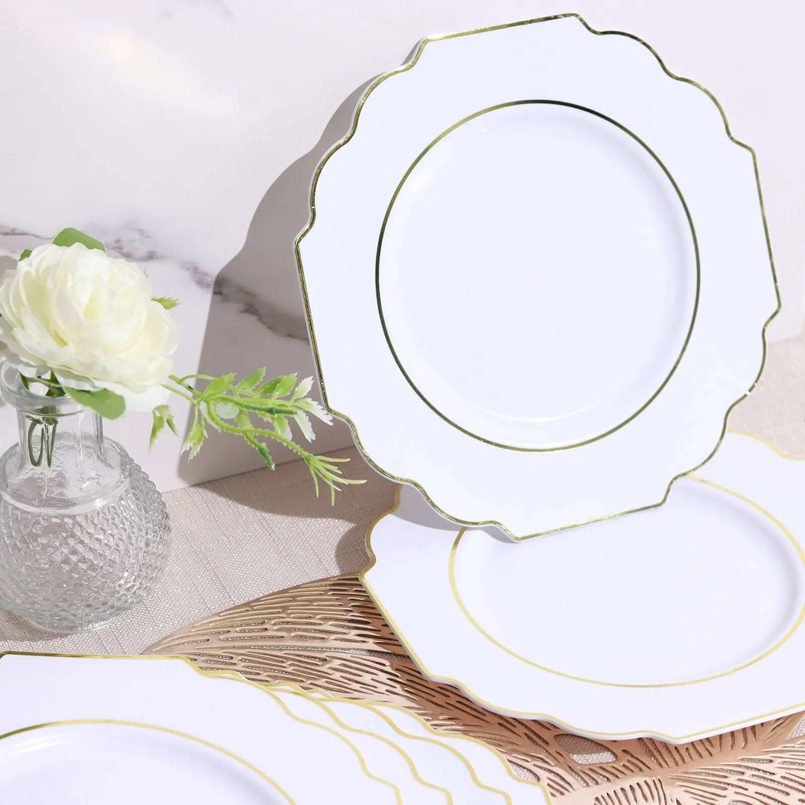 10 Pack White 8" Heavy Duty Plastic Dessert Salad Plates, Disposable Tableware, Baroque with Gold Rim