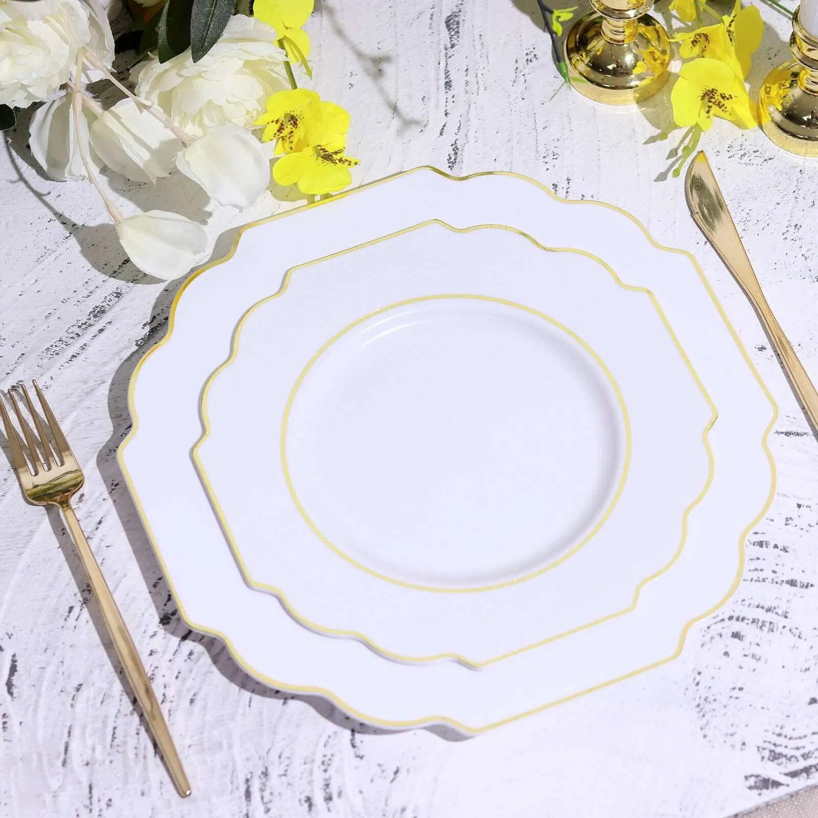 10 Pack White 8" Heavy Duty Plastic Dessert Salad Plates, Disposable Tableware, Baroque with Gold Rim