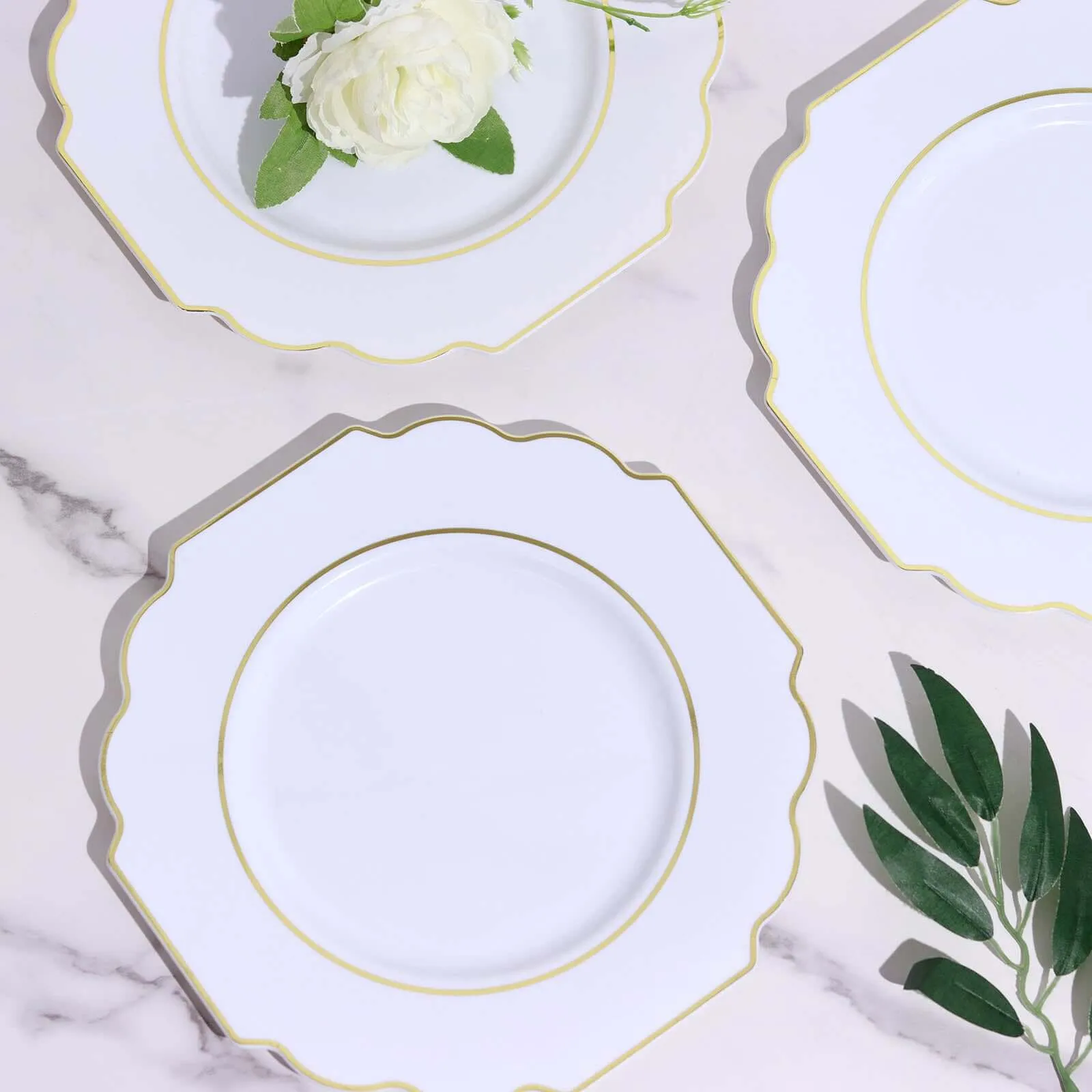 10 Pack White 8" Heavy Duty Plastic Dessert Salad Plates, Disposable Tableware, Baroque with Gold Rim