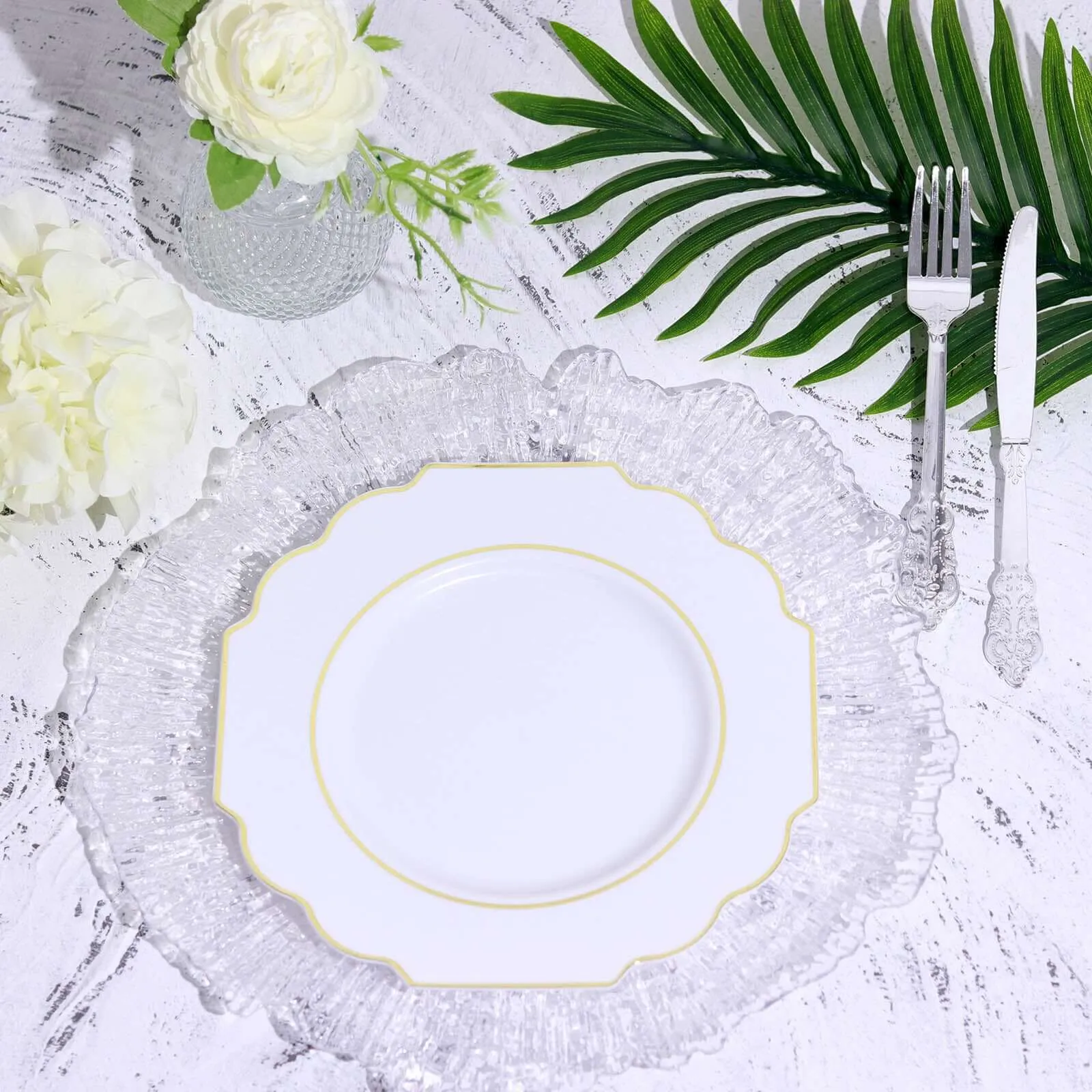 10 Pack White 8" Heavy Duty Plastic Dessert Salad Plates, Disposable Tableware, Baroque with Gold Rim