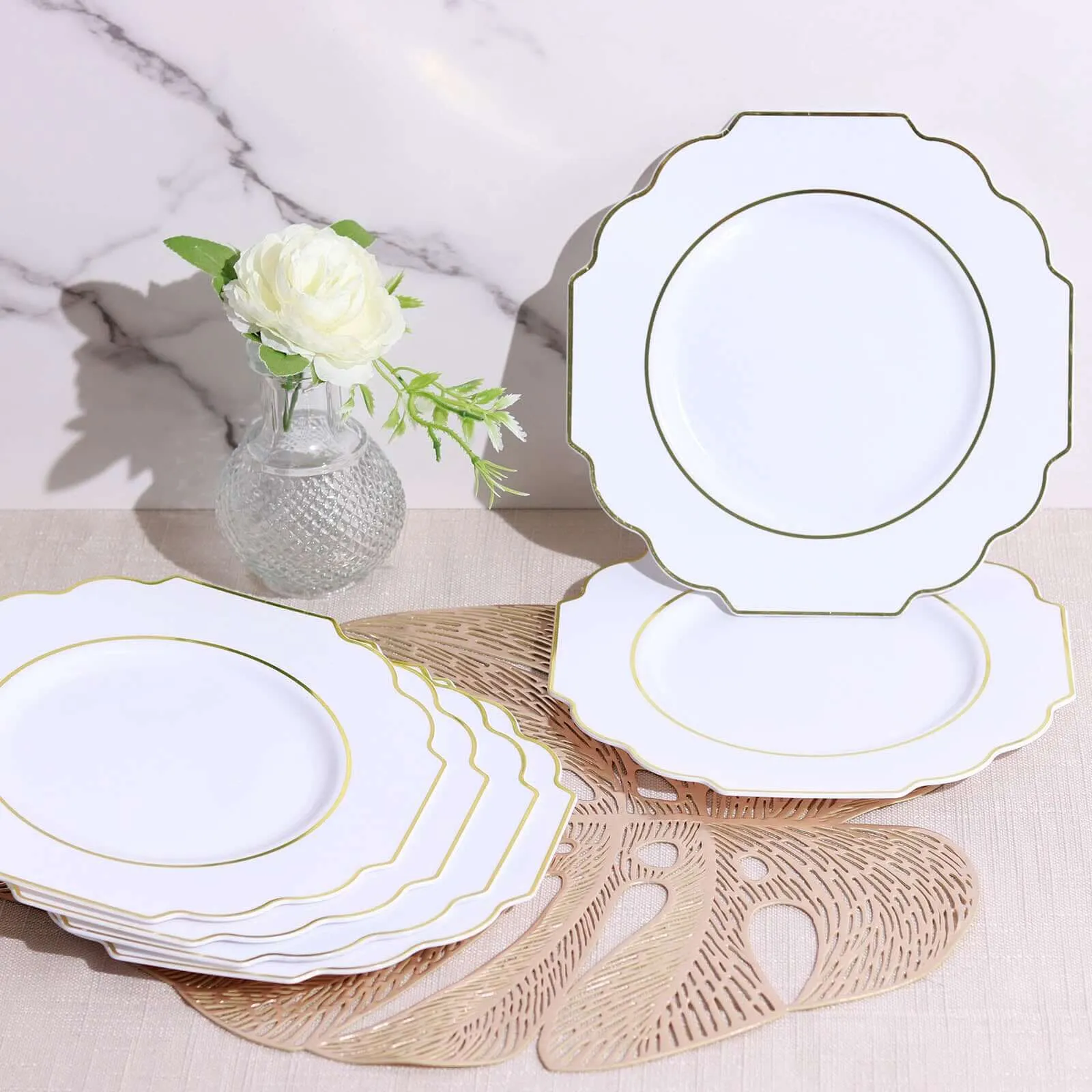 10 Pack White 8" Heavy Duty Plastic Dessert Salad Plates, Disposable Tableware, Baroque with Gold Rim