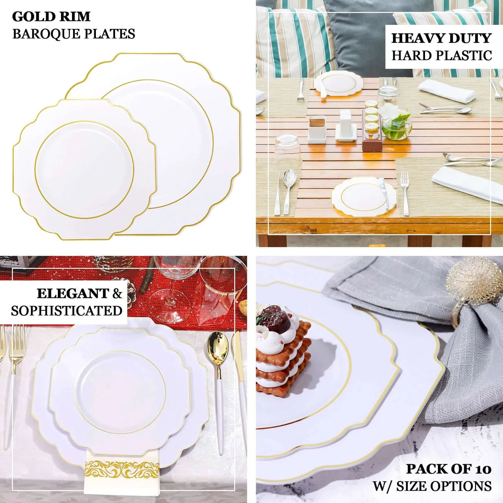 10 Pack White 8" Heavy Duty Plastic Dessert Salad Plates, Disposable Tableware, Baroque with Gold Rim