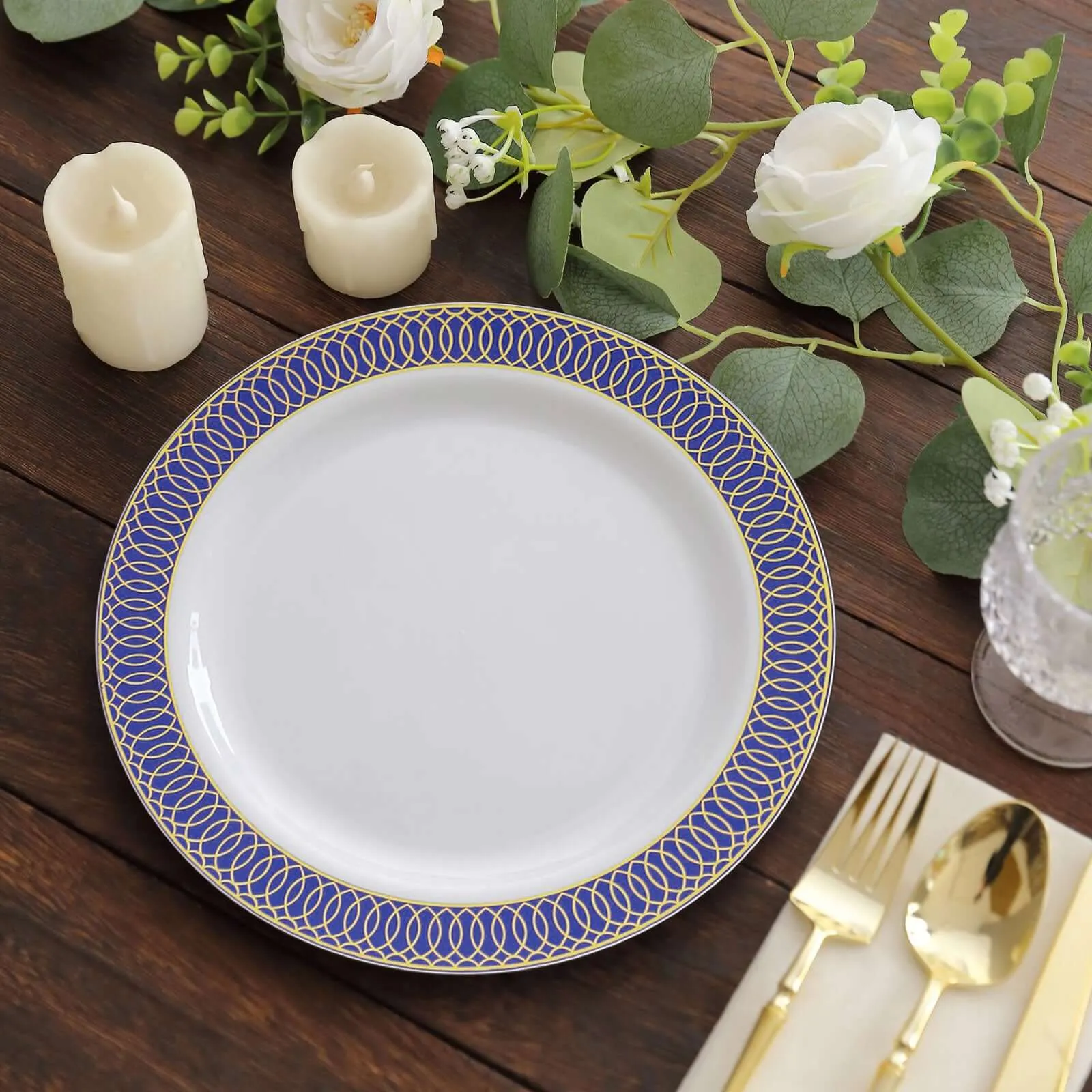 10 Pack White Disposable Party Plates With Navy Blue Gold Spiral Rim, 10" Round Plastic Dinner Plates