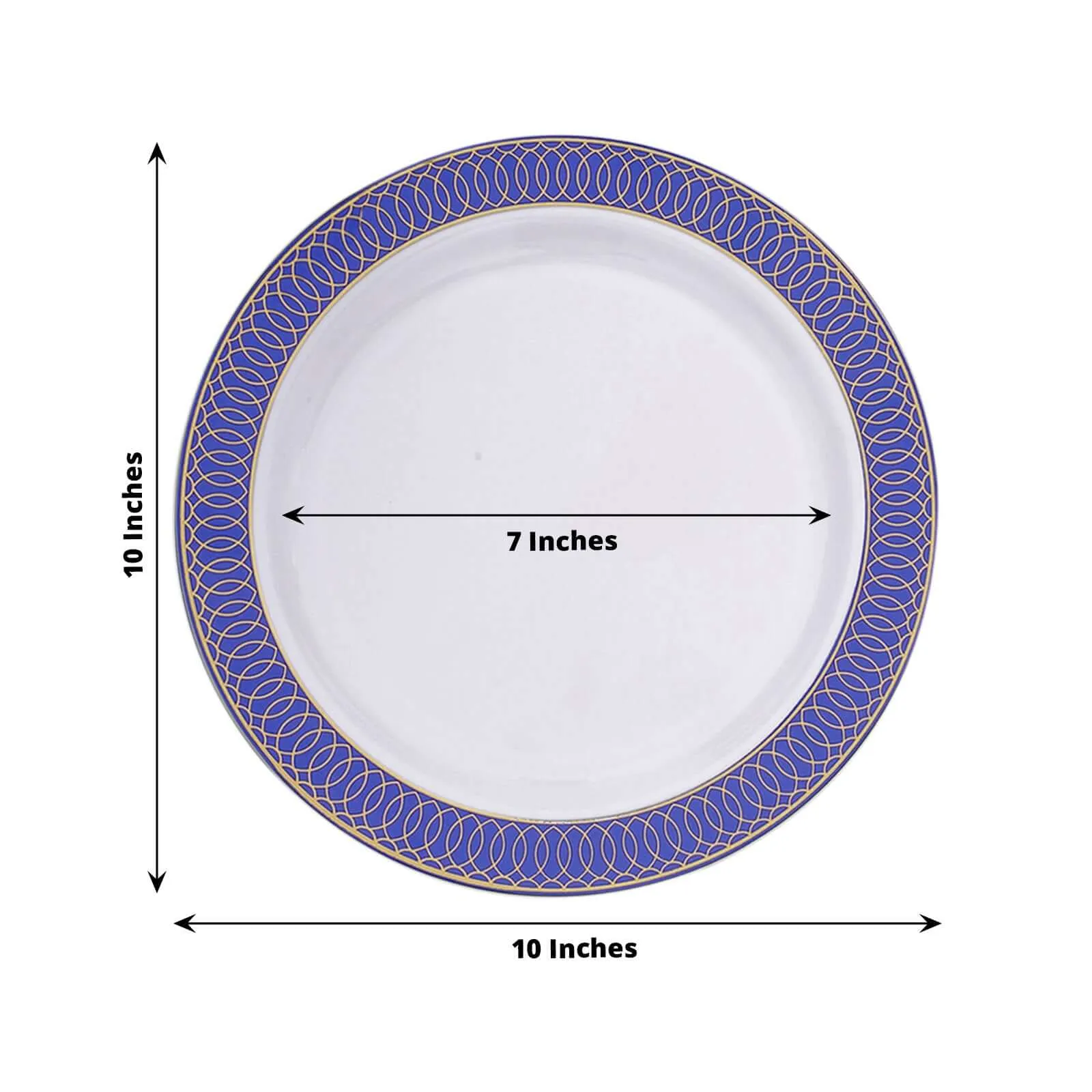 10 Pack White Disposable Party Plates With Navy Blue Gold Spiral Rim, 10" Round Plastic Dinner Plates