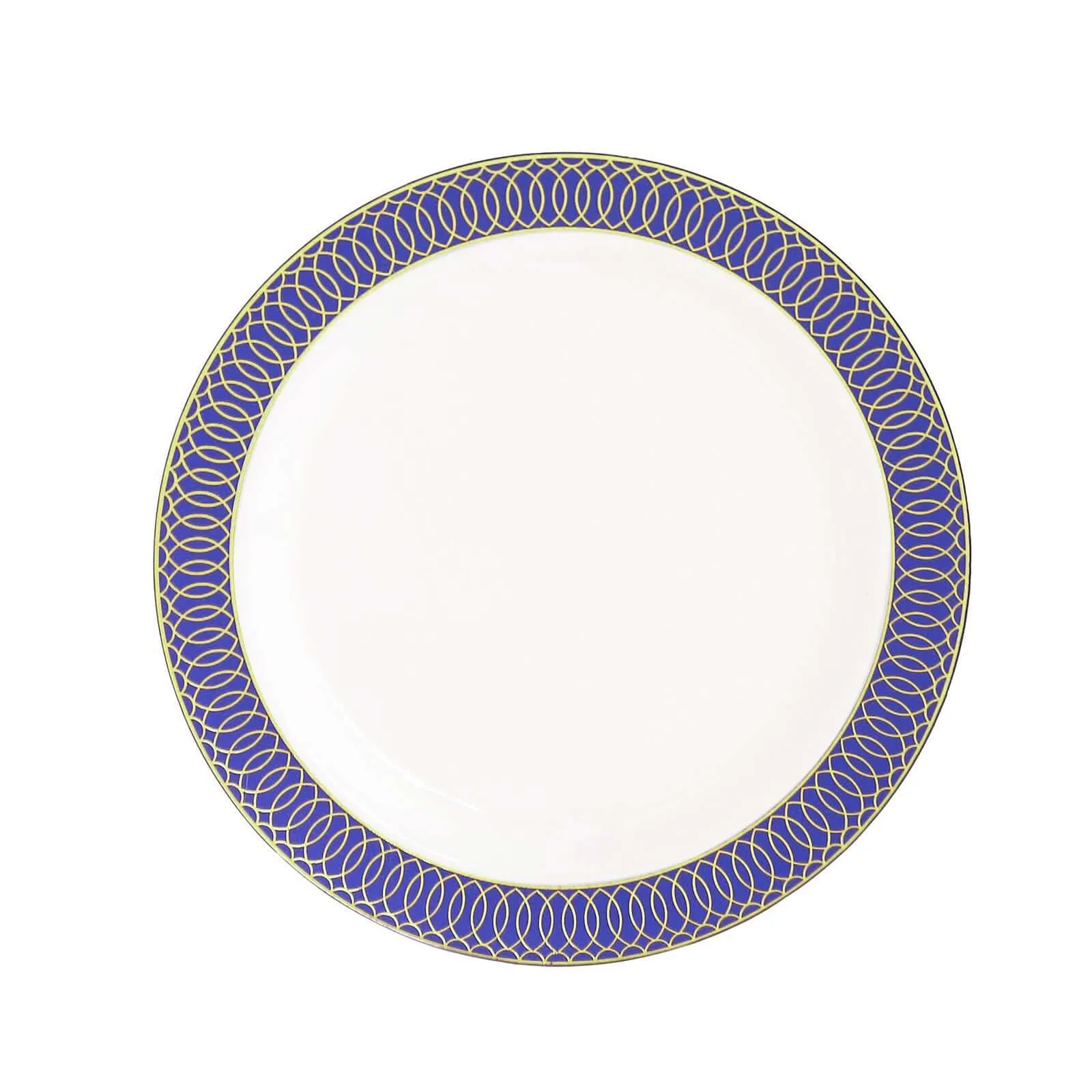 10 Pack White Disposable Party Plates With Navy Blue Gold Spiral Rim, 10" Round Plastic Dinner Plates