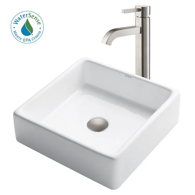 15" Square White Porcelain Bathroom Vessel Sink and Ramus Faucet Combo Set with Pop-Up Drain