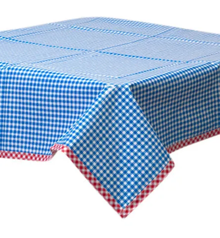 55 Square Gingham Blue Oilcloth Tablecloth with Red Gingham Trim