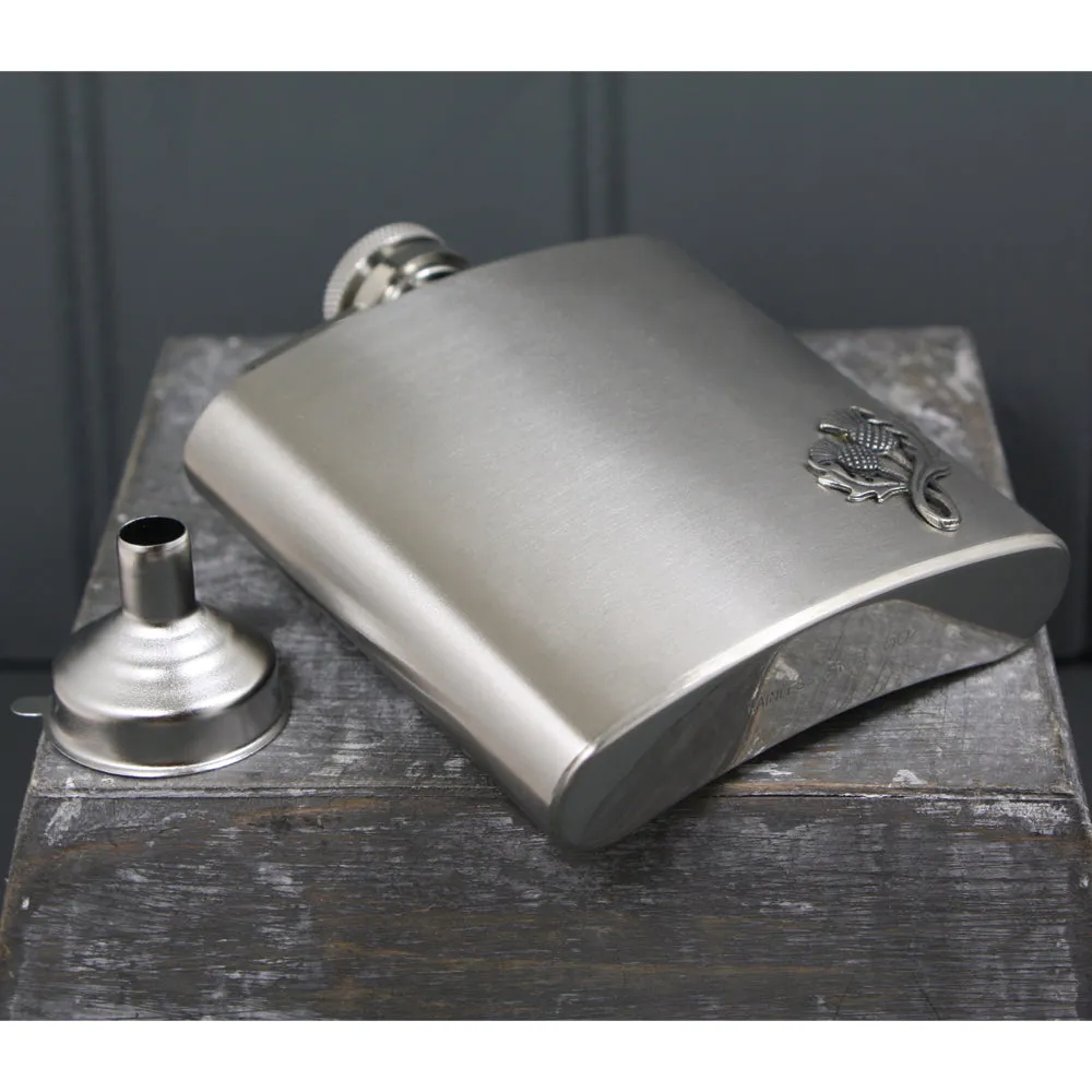 6oz Stainless Steel Hip Flask With Pewter Scottish Thistle Emblem