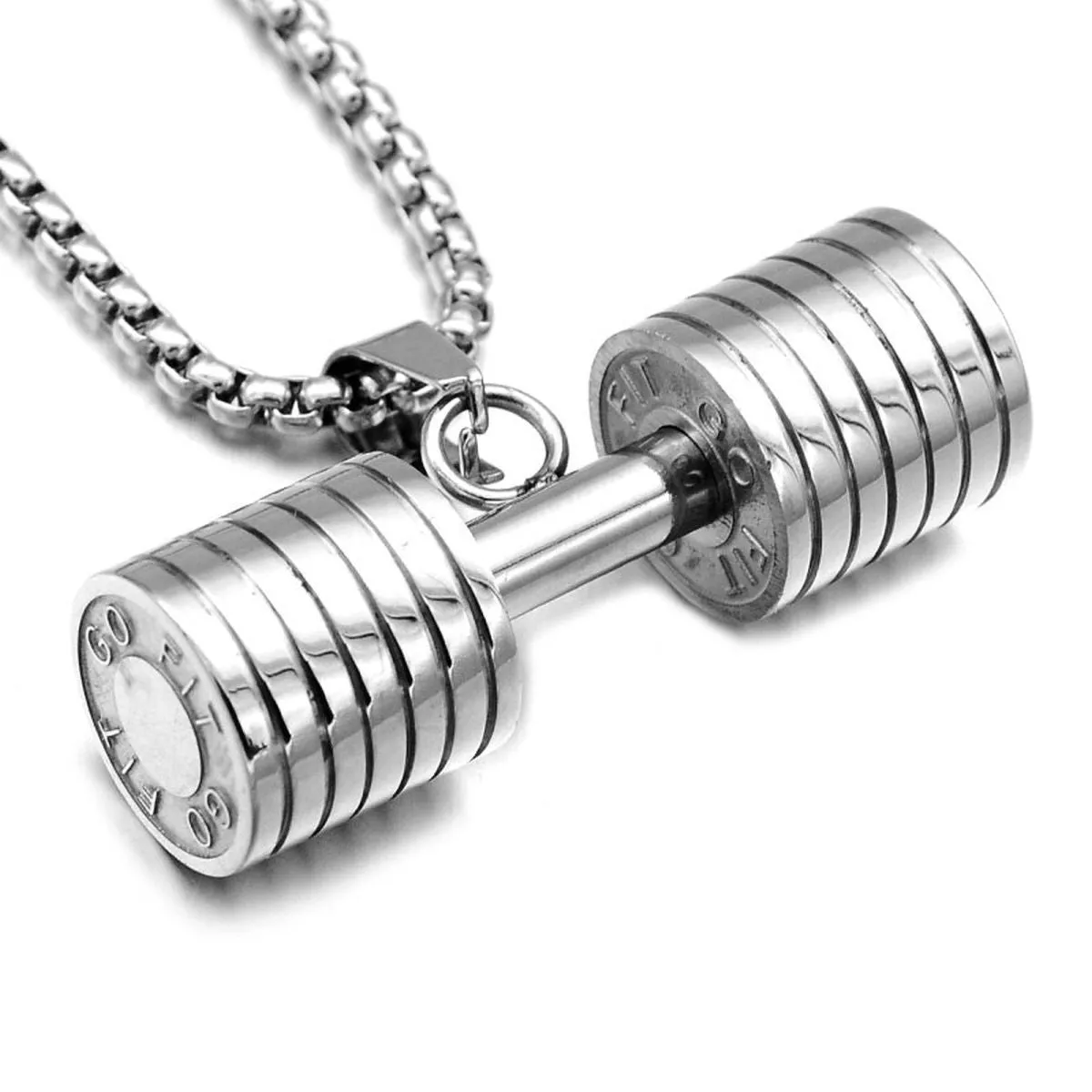 Barbell Dumbell Macho Large Heavy Silver Stainless Steel Pendant Chain For Men