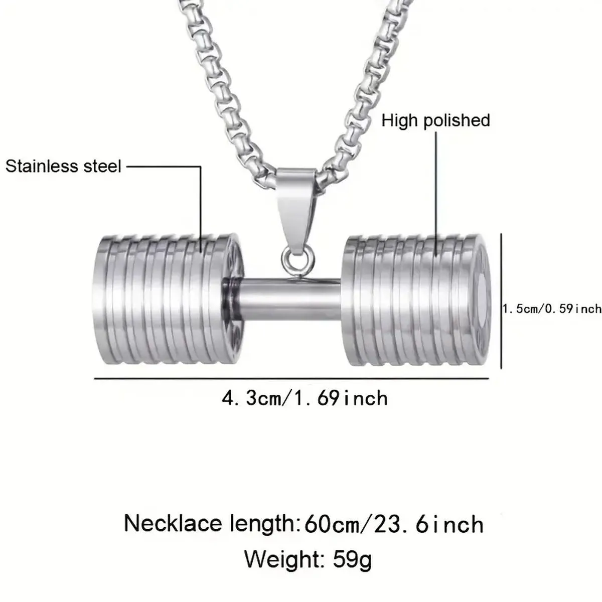 Barbell Dumbell Macho Large Heavy Silver Stainless Steel Pendant Chain For Men