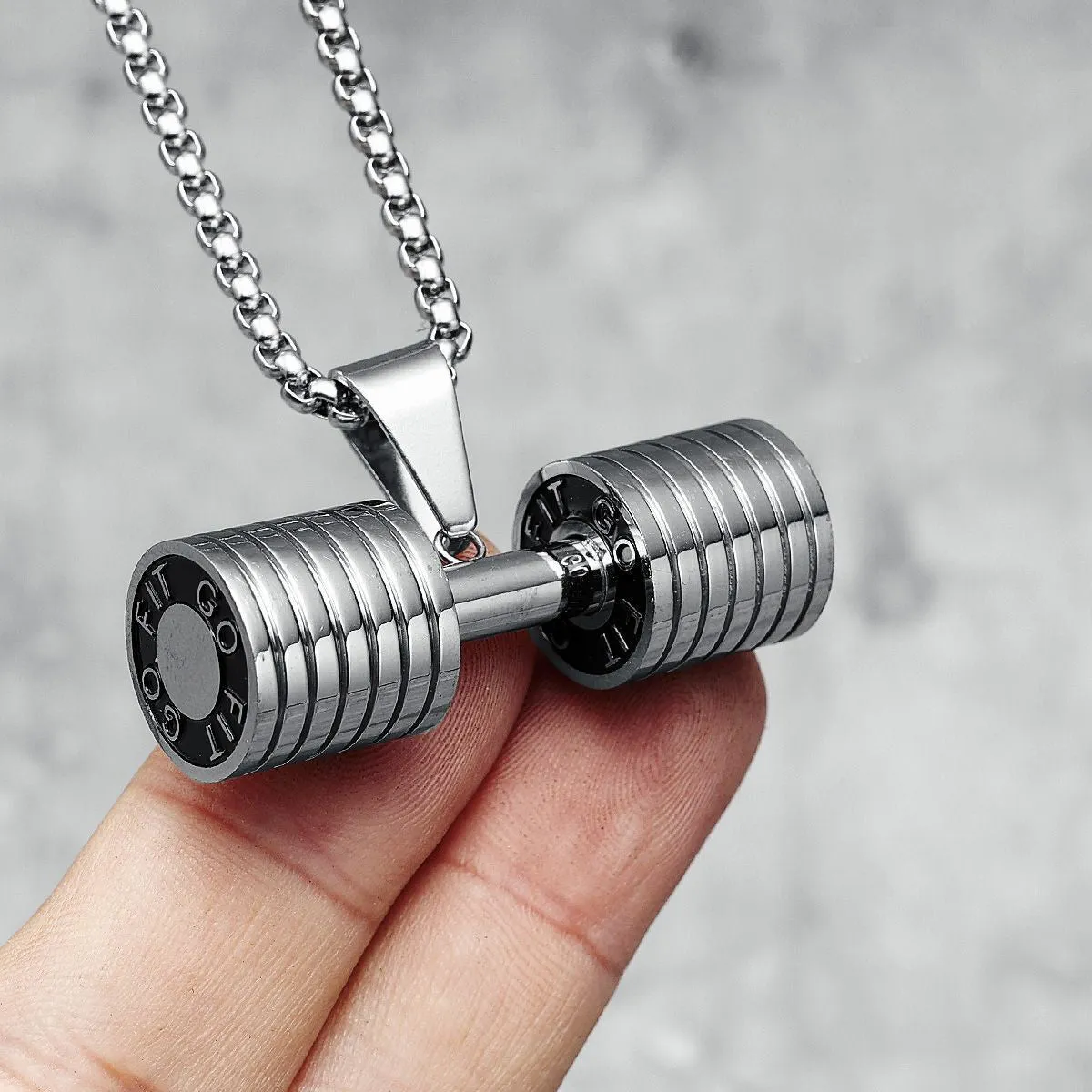 Barbell Dumbell Macho Large Heavy Silver Stainless Steel Pendant Chain For Men