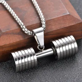 Barbell Dumbell Macho Large Heavy Silver Stainless Steel Pendant Chain For Men