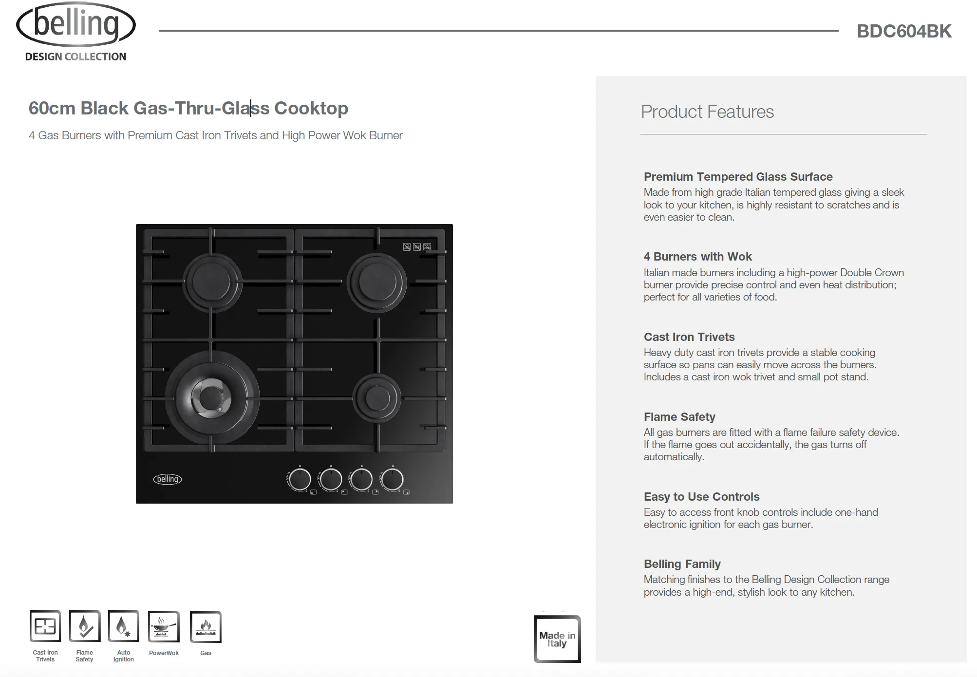 Belling BDC604BK 60cm Gas-Thru-Glass Cooktop, Black Glass