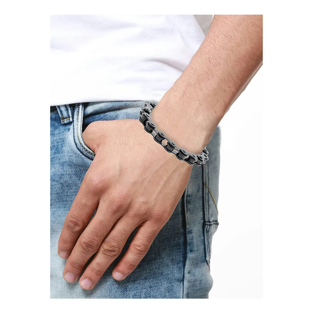 Biker Motor Cycle Chain Black Silver Stainless Steel Funky Mens Bracelet Men