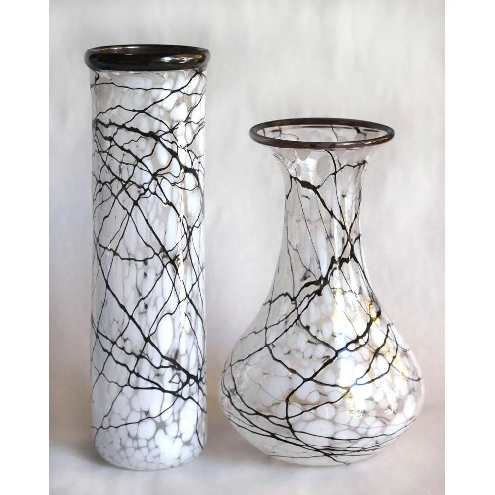 Black and White Glass Cylinder and Jeanie Bottle Vases by Glass Rocks Dottie Boscamp