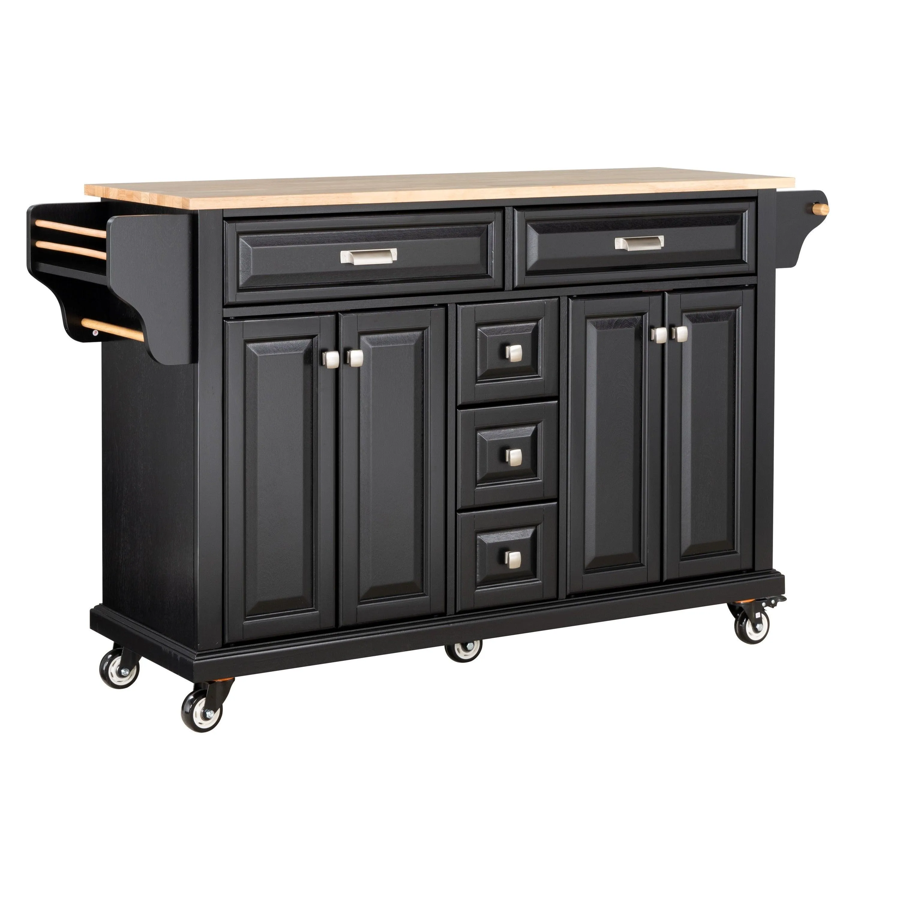 Black Kitchen Island with Rubberwood Countertop, 5 Wheels, Storage Cabinet & 5 Drawers