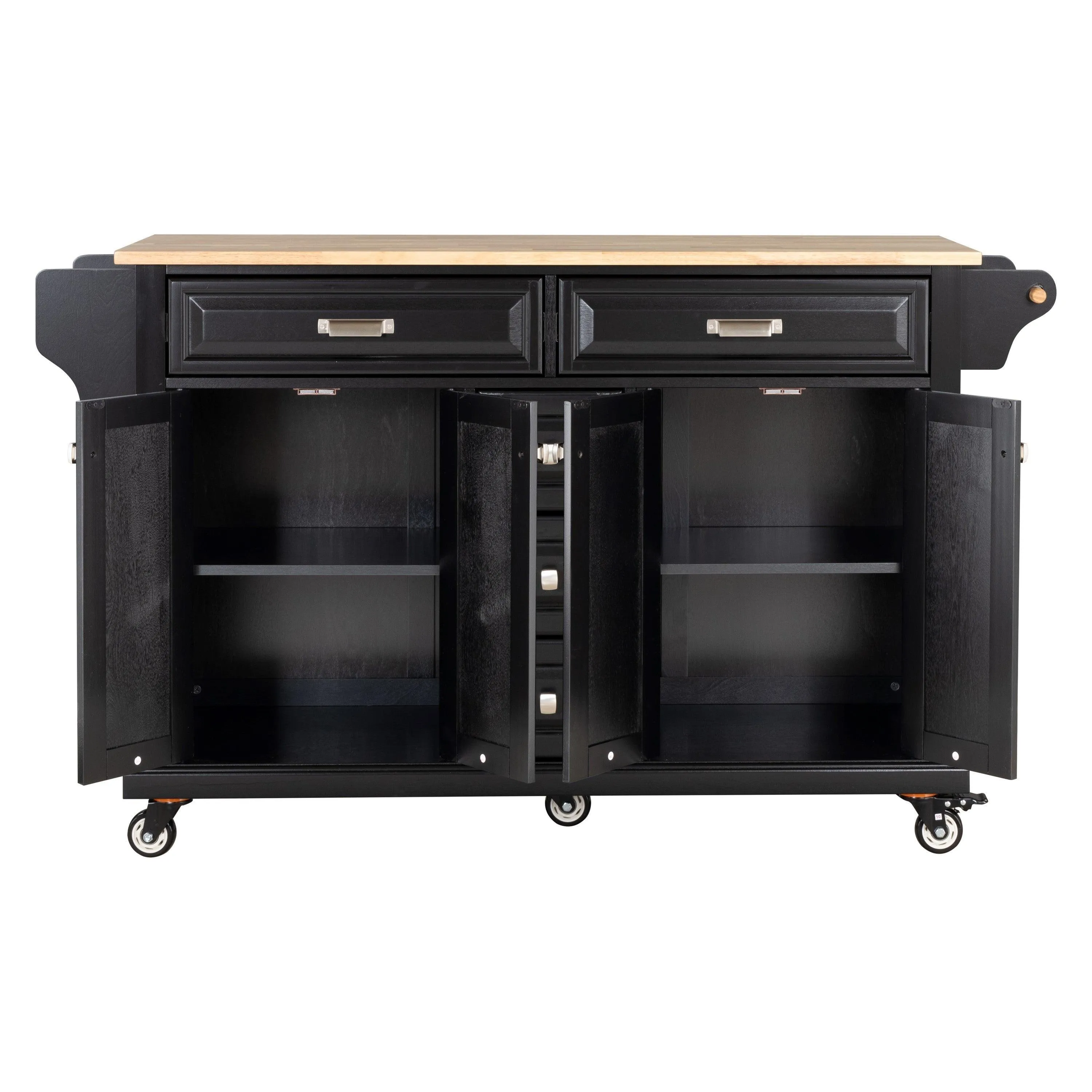 Black Kitchen Island with Rubberwood Countertop, 5 Wheels, Storage Cabinet & 5 Drawers