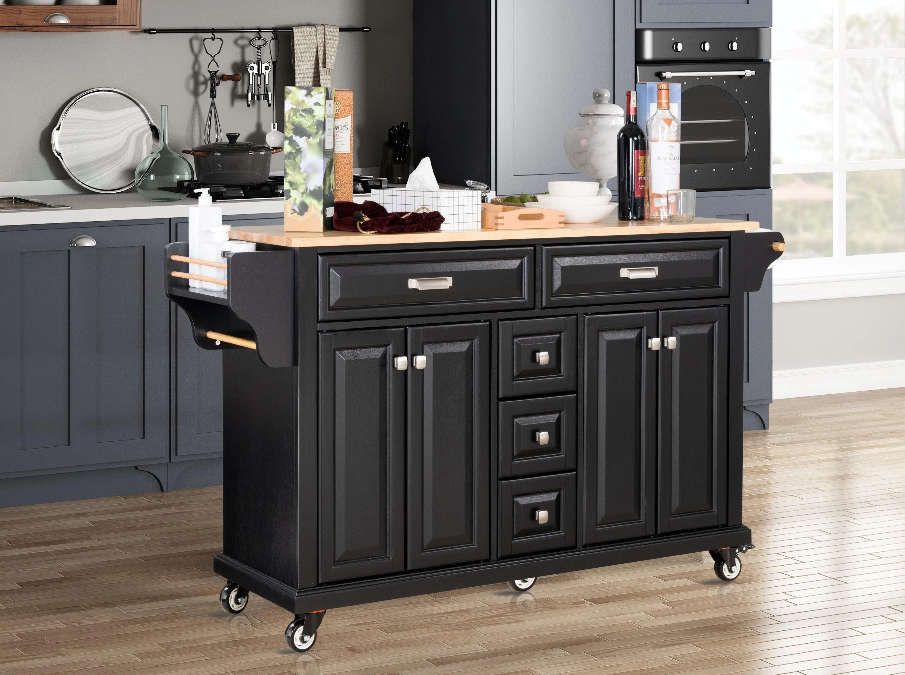 Black Kitchen Island with Rubberwood Countertop, 5 Wheels, Storage Cabinet & 5 Drawers