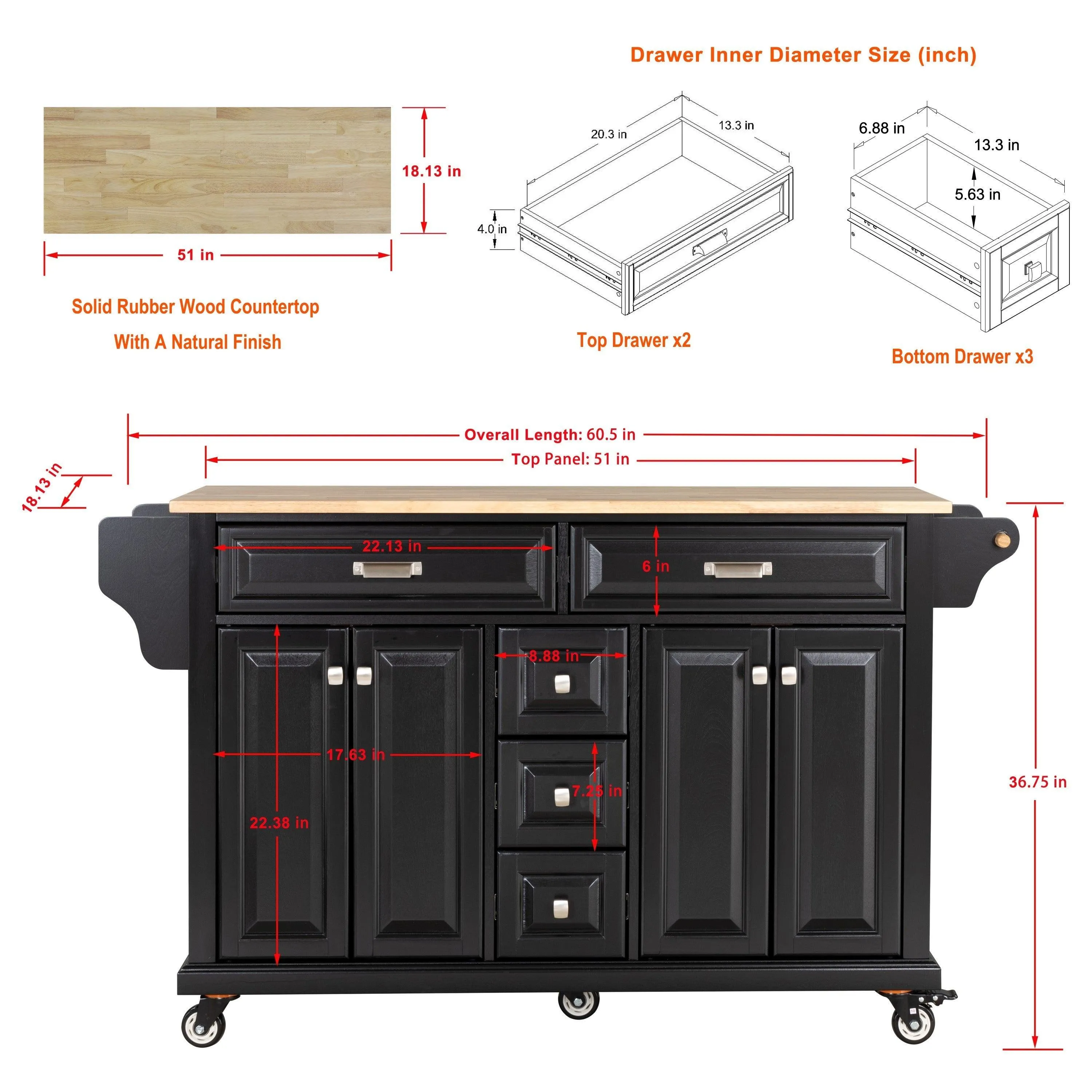 Black Kitchen Island with Rubberwood Countertop, 5 Wheels, Storage Cabinet & 5 Drawers