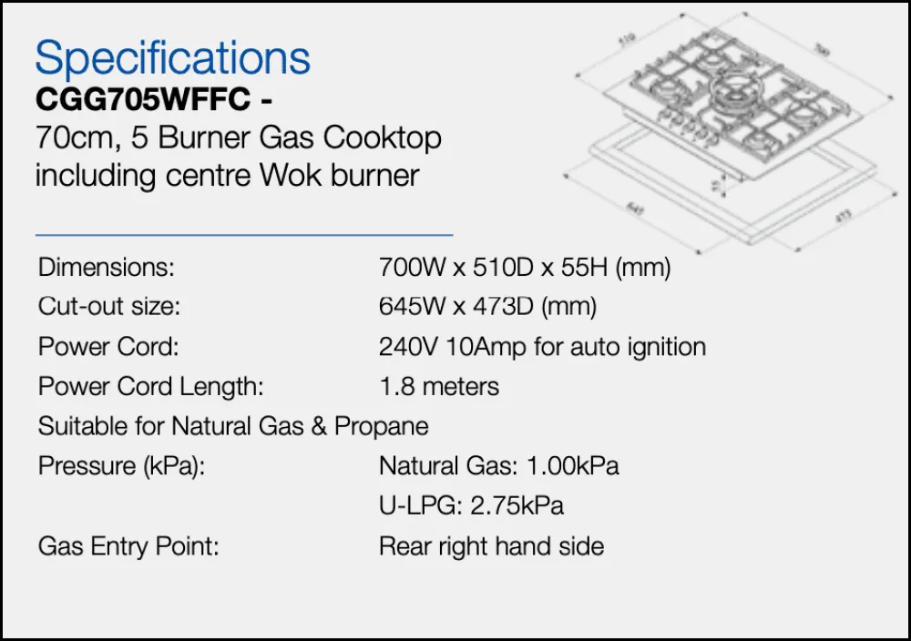 Blanco 17mj Wok Burner CGG704WFFCP 70cm Gas on Glass Cooktop - Ex Display Discount