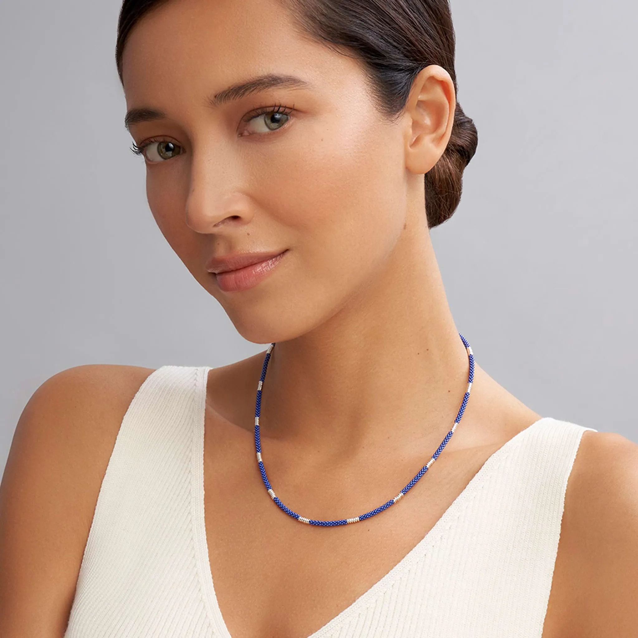 Blue Caviar Silver Station Ceramic Beaded Necklace | 3mm