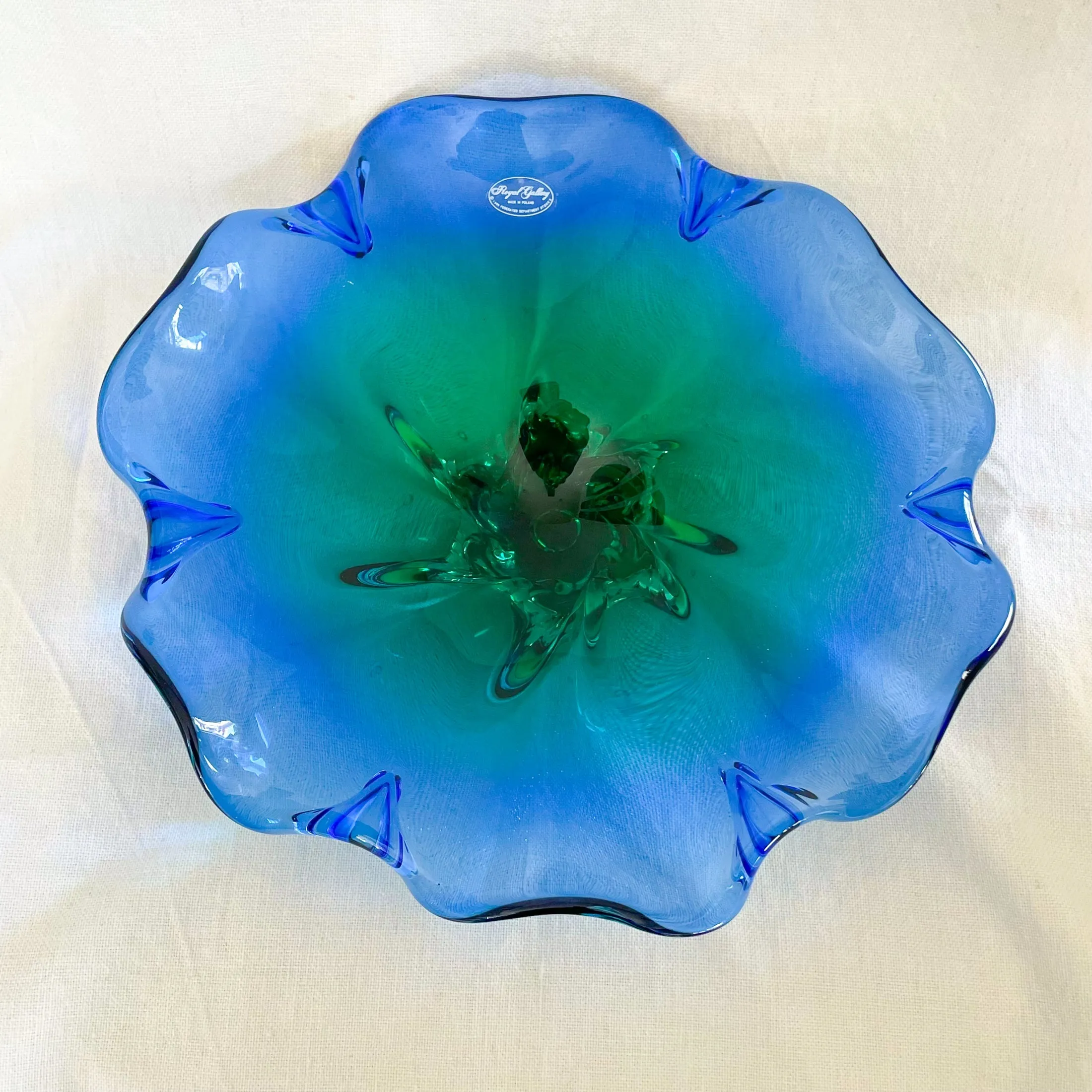 Blue/Green Art Glass Bowl/Display, Royal Gallery Made in Poland, Murano Style