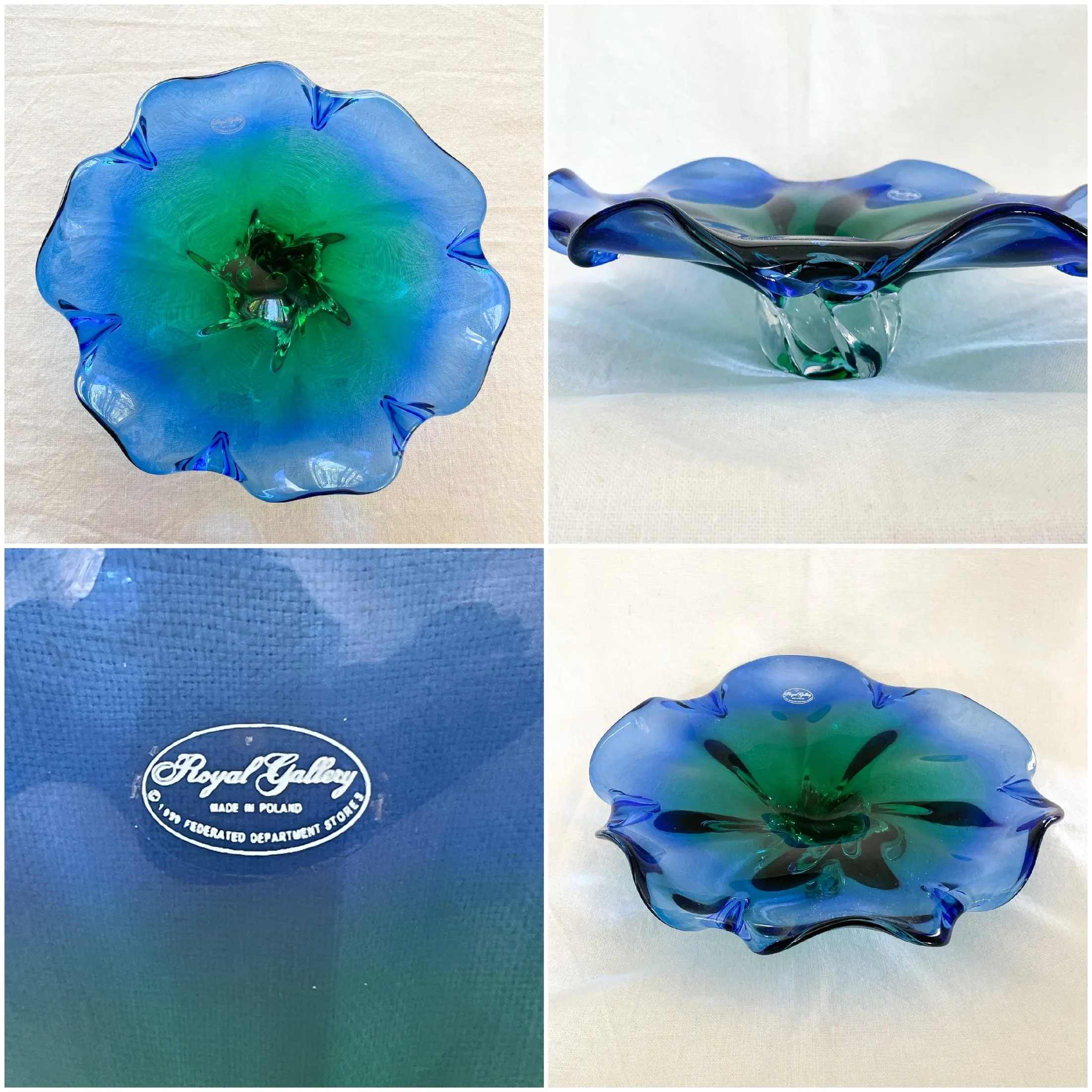 Blue/Green Art Glass Bowl/Display, Royal Gallery Made in Poland, Murano Style