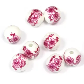 Ceramic Round Pink Large Flowers 12mm - Pack of 8