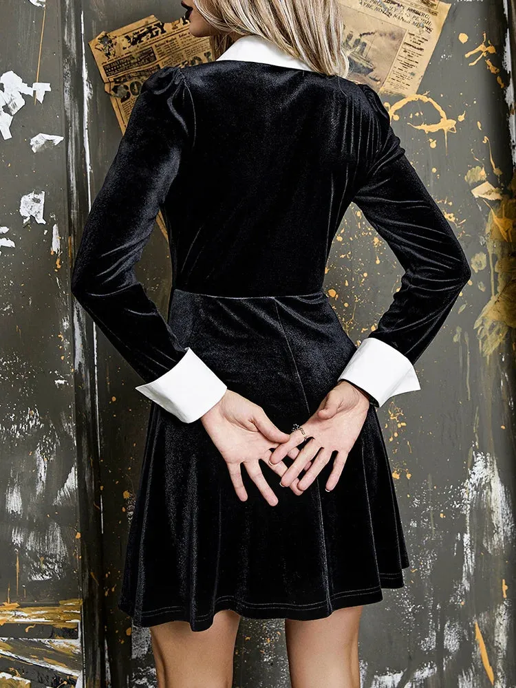 Contrast Collar A-Line Vintage Velvet Long Sleeve Aesthetic Goth Retro Flare Skater Dress