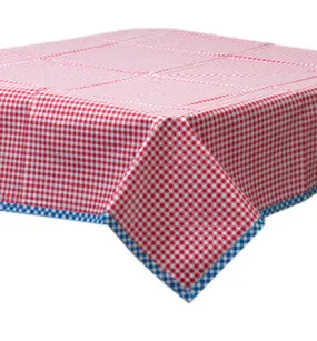 Gingham Red Oilcloth Tablecloth with Blue Gingham Trim