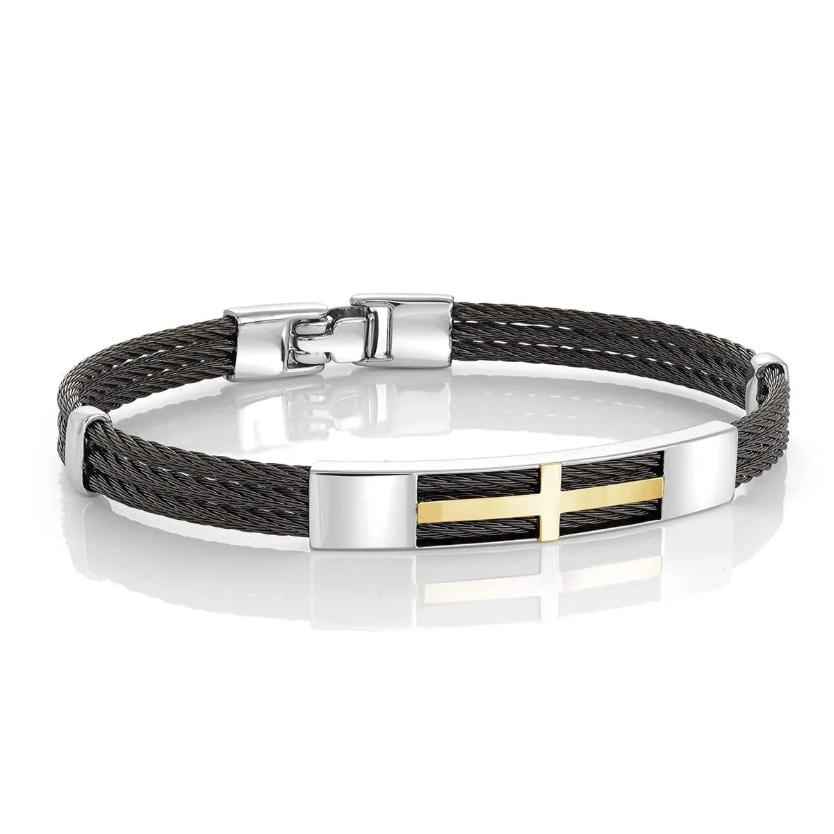 MEN'S BLACK ION PLATED STEEL CROSS BANGLE BRACELET