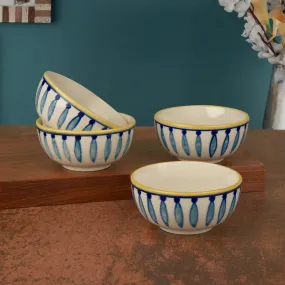 "Kyoto Collection" Handpainted Ceramic Dinner Serving Bowls (Set of 4, White and Blue, 200 ml each)