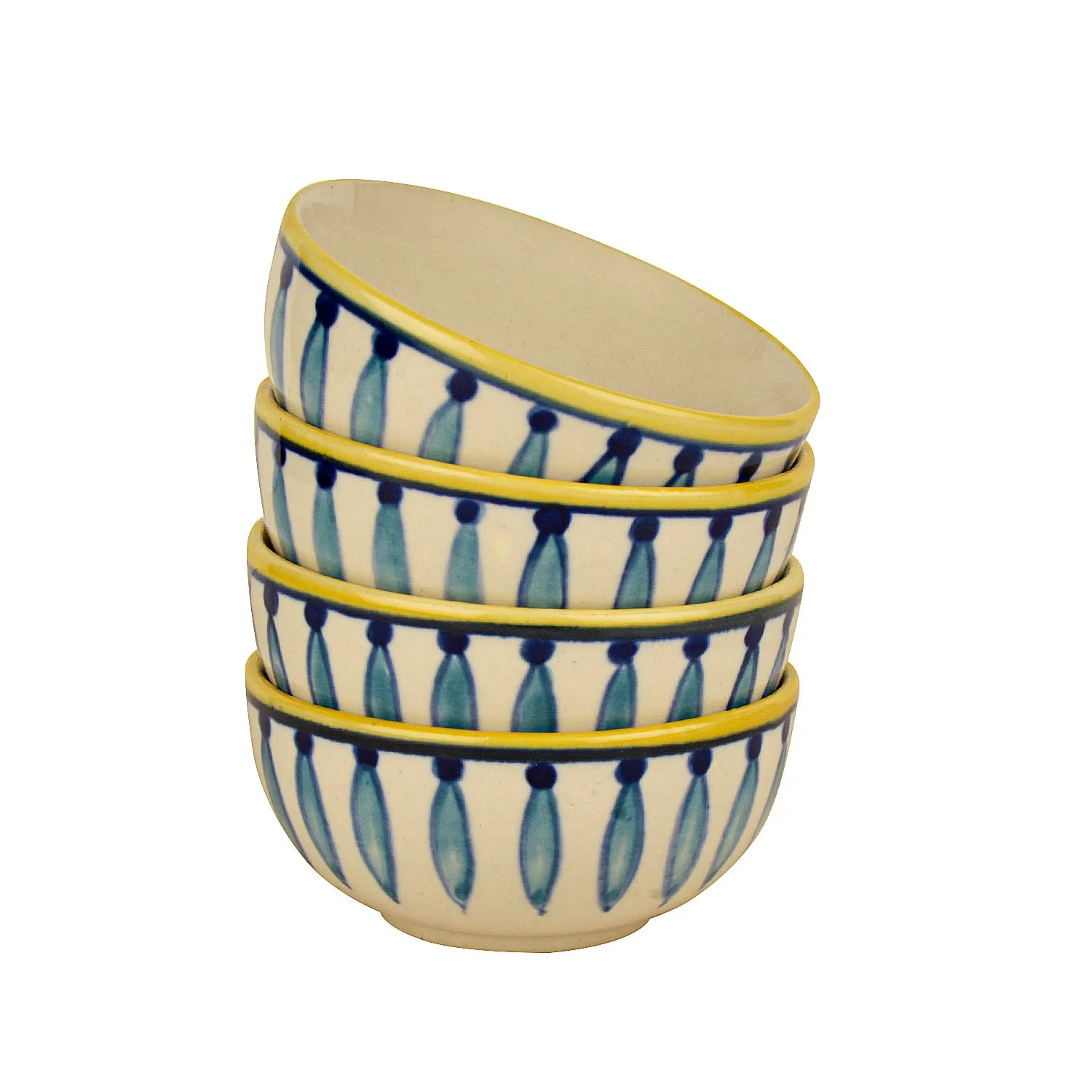 "Kyoto Collection" Handpainted Ceramic Dinner Serving Bowls (Set of 4, White and Blue, 200 ml each)