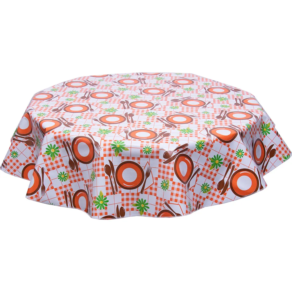 Round Oilcloth Tablecloth Picnic Orange and Brown